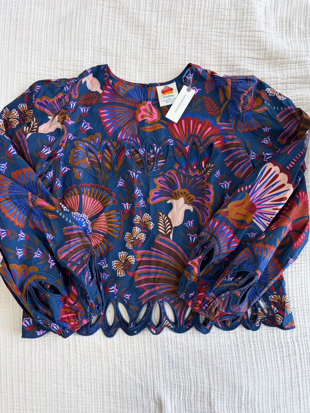 FARM Rio Navy Floral Cutout Hem Blouse with Pink & Rust Accents
